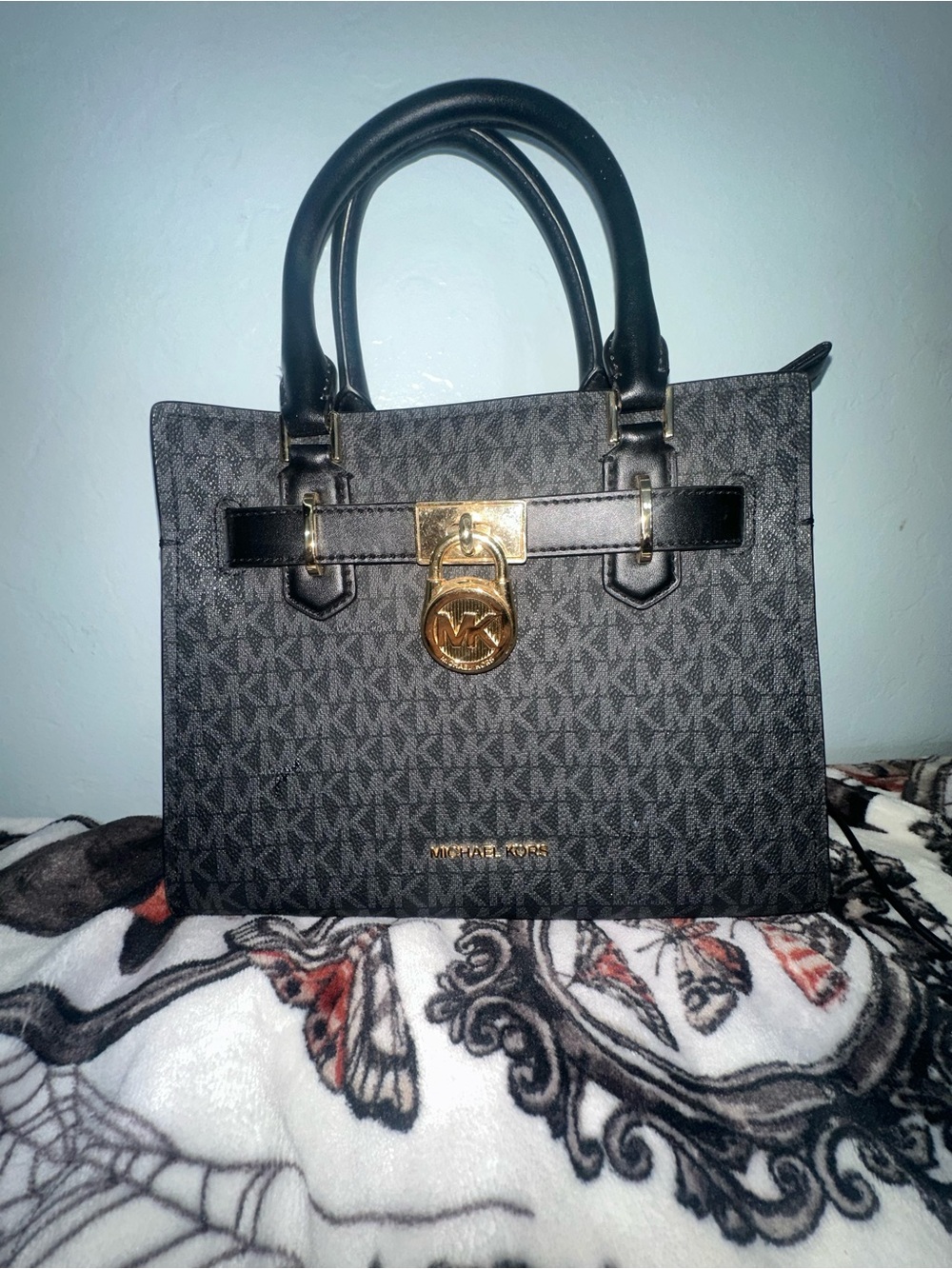 MICHAEL KORS Black and Gold Logo Satchel